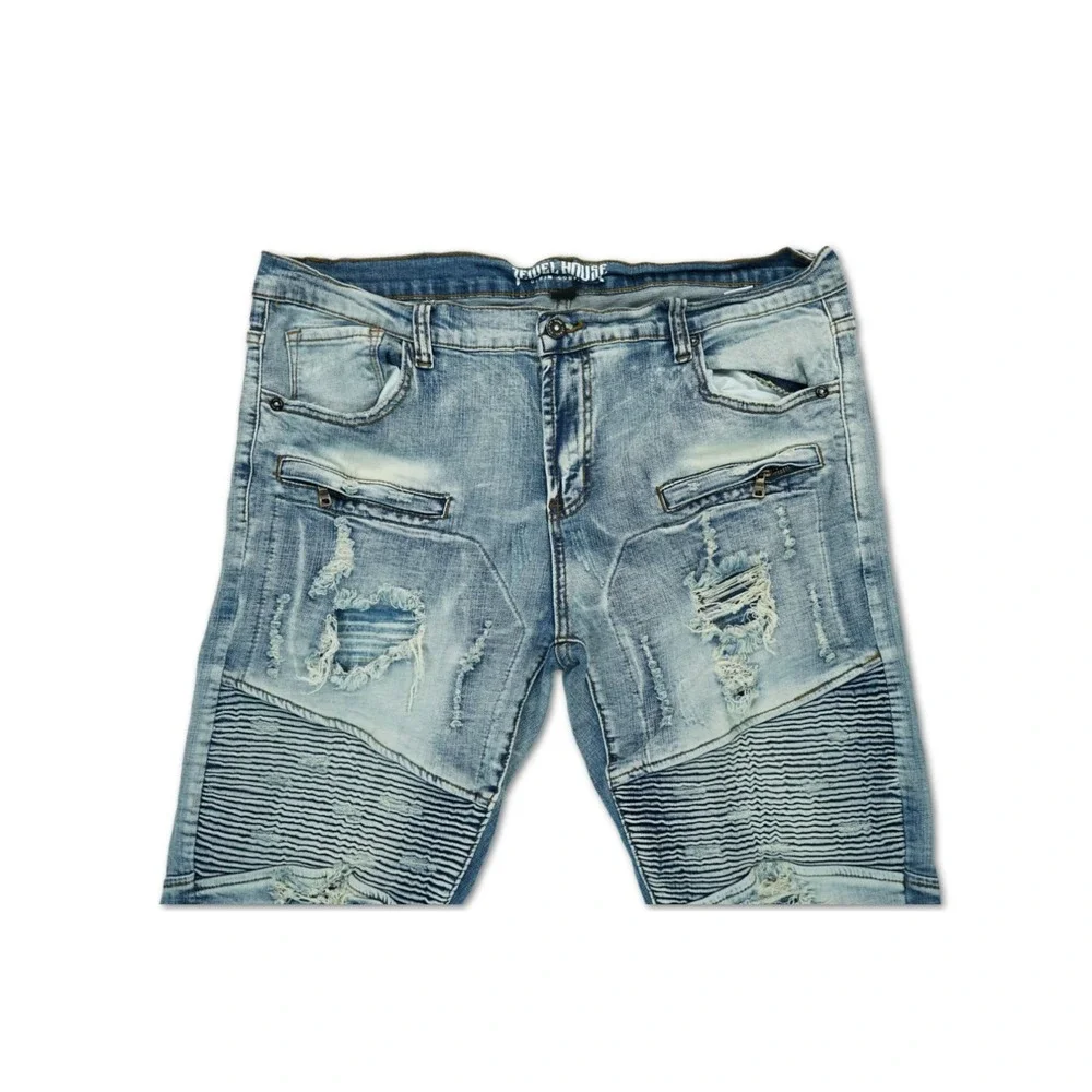 Jewel House Mens Moto‎ Biker Denim Skinny Jeans 40W 34L  Distressed Blue